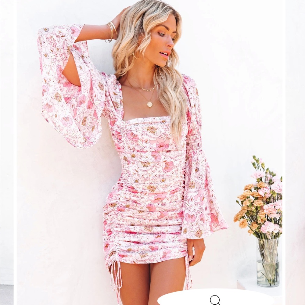 Precious poppies ruched bell sleeve mini dress